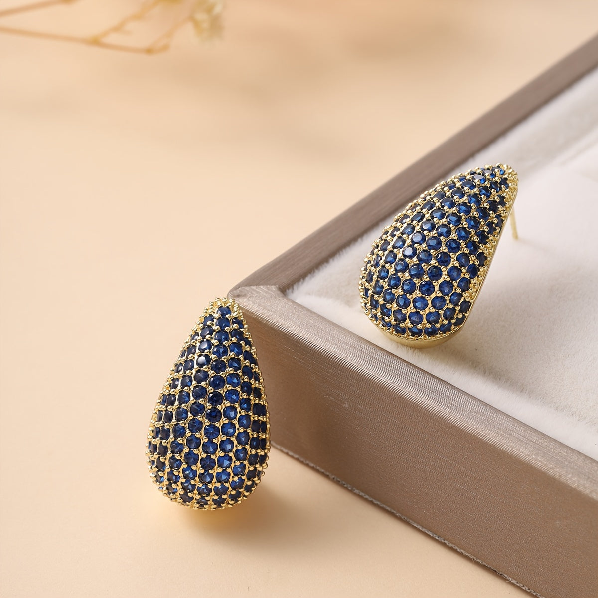 Sparkling Dark Blue Water Drop Design Stud Earrings