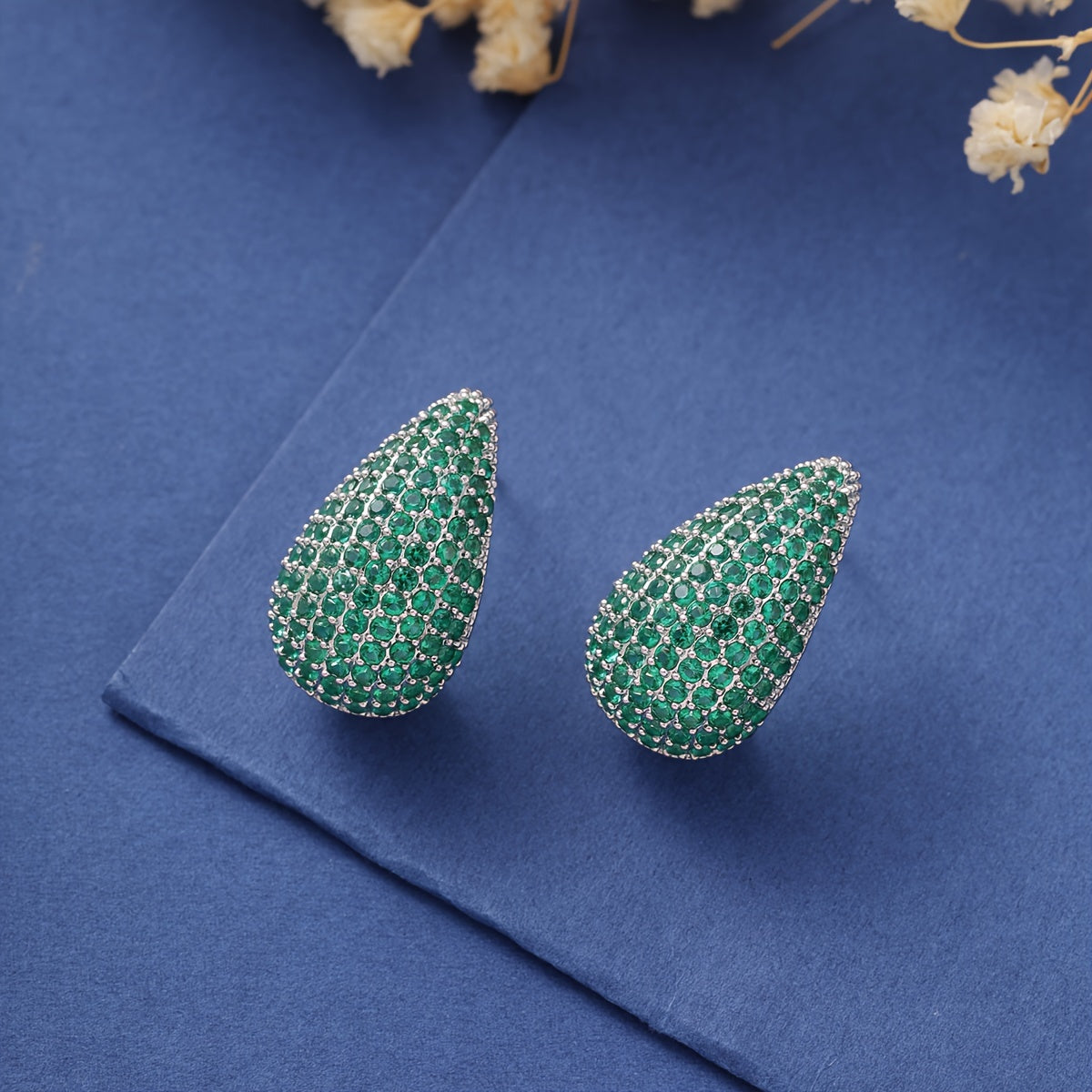 Sparkling Green Water Drop Design Stud Earrings