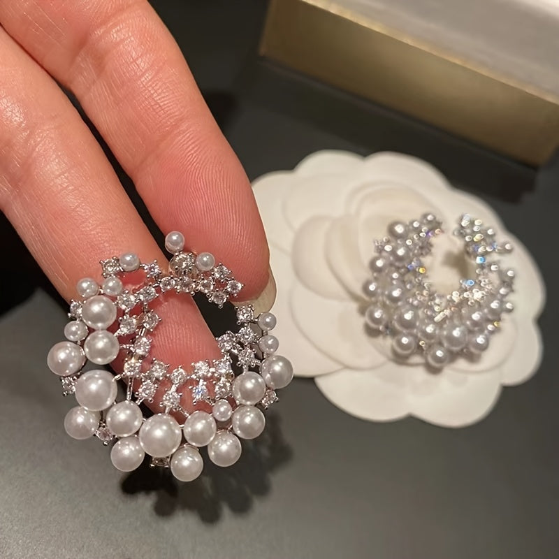 C-Shaped Hoop Earrings with Faux Imitation Pearl and Rhinestones