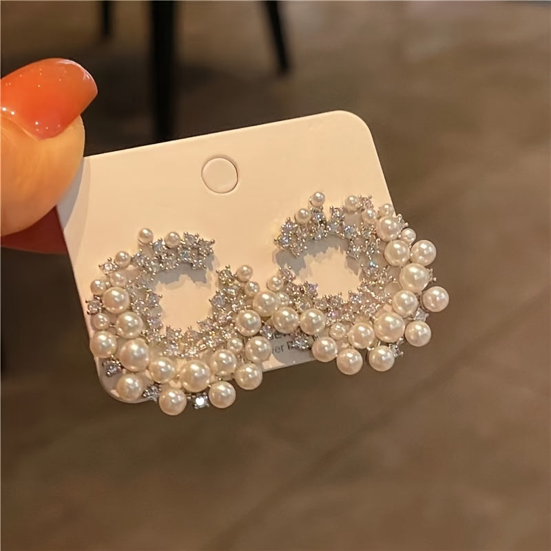 C-Shaped Hoop Earrings with Faux Imitation Pearl and Rhinestones