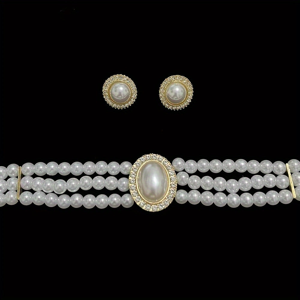 3 String Faux Pearl Necklace And Earring Set