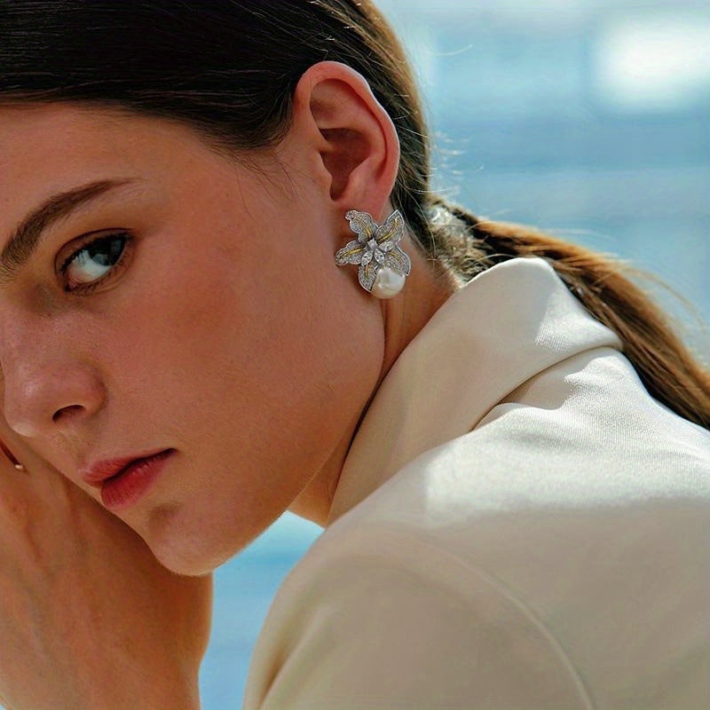 Floral Studs with Round Pearl Earrings