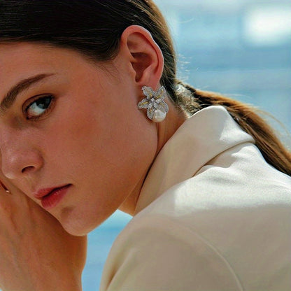 Floral Studs with Round Pearl Earrings