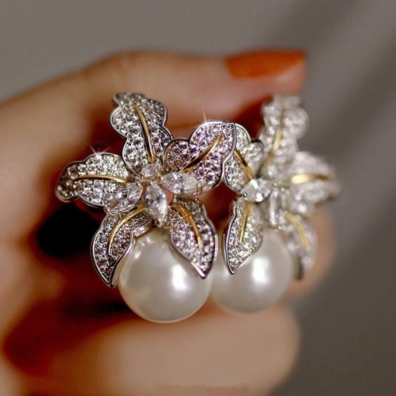 Floral Studs with Round Pearl Earrings