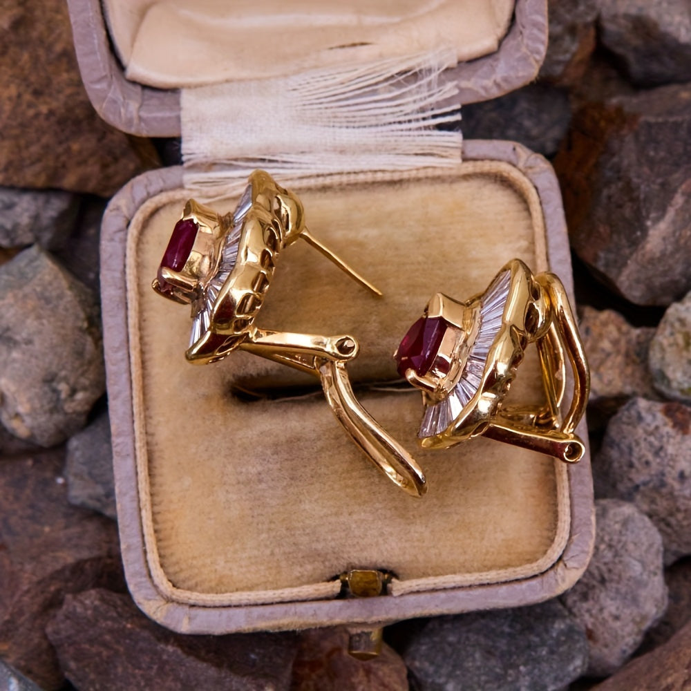 Red Ruby Stud Clip Earrings