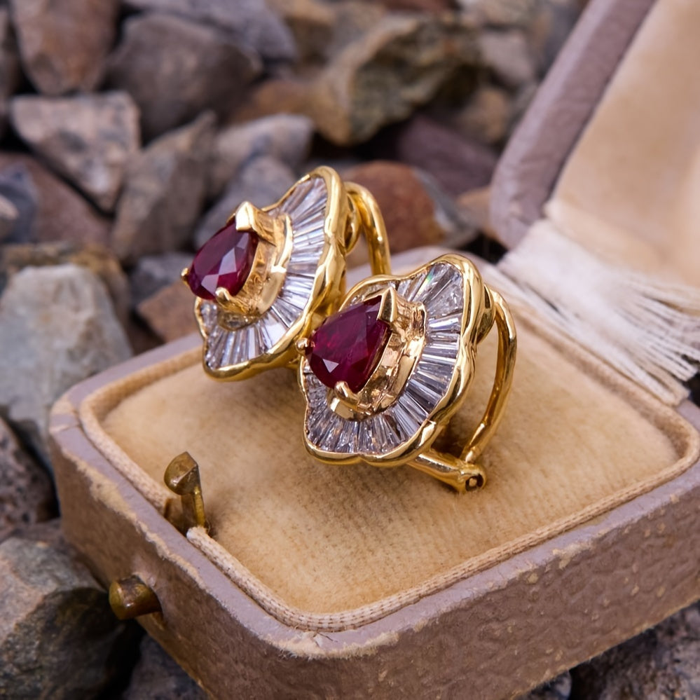 Red Ruby Stud Clip Earrings