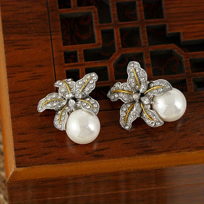 Floral Studs with Round Pearl Earrings