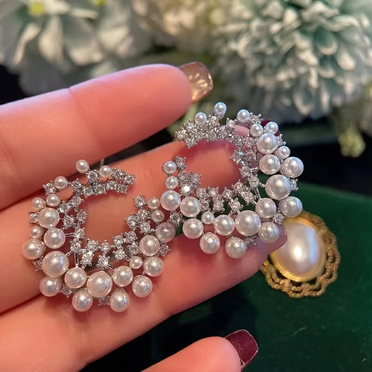 C-Shaped Hoop Earrings with Faux Imitation Pearl and Rhinestones