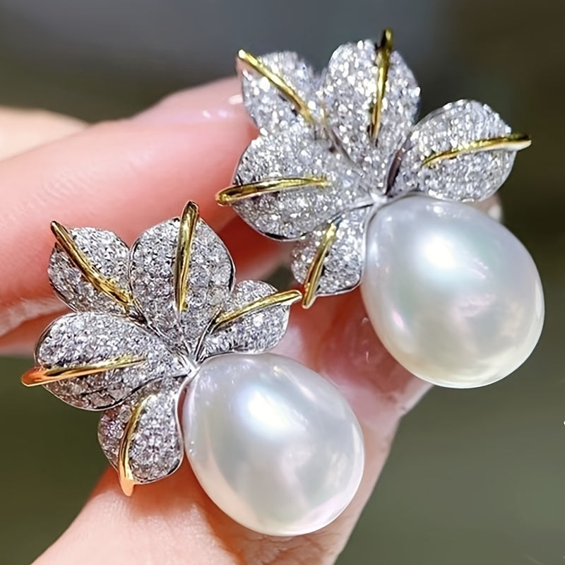 Floral Leaf Earrings with Oval Pearl