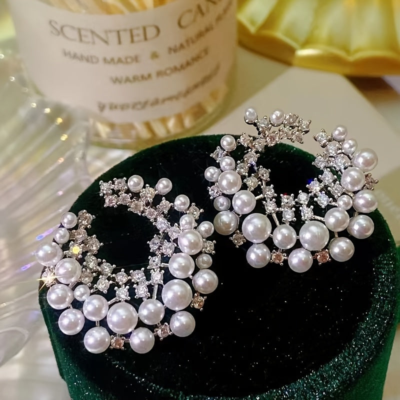 C-Shaped Hoop Earrings with Faux Imitation Pearl and Rhinestones