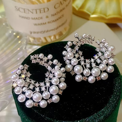 C-Shaped Hoop Earrings with Faux Imitation Pearl and Rhinestones