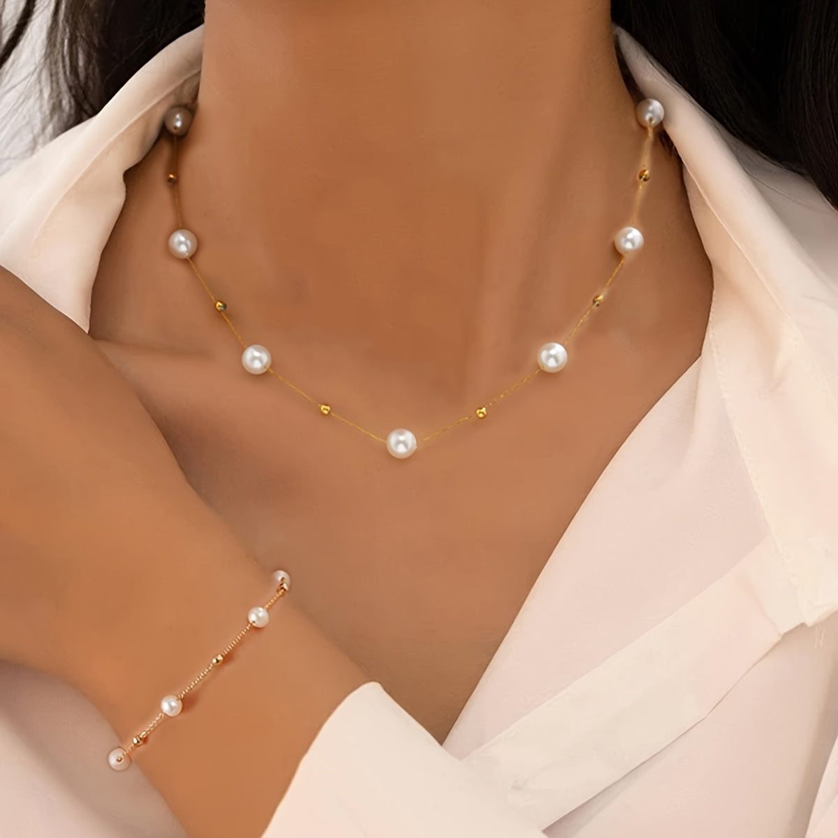 Imitation Pearl Bracelet Necklace Set