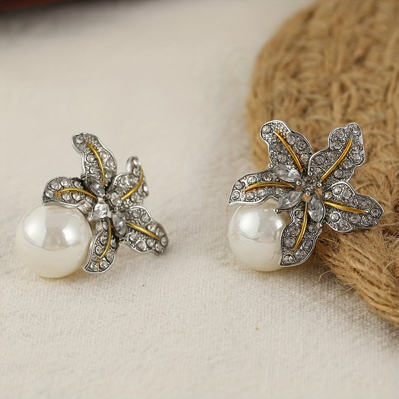 Floral Studs with Round Pearl Earrings