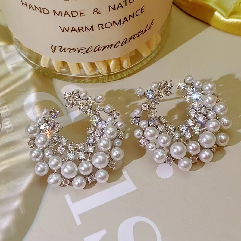 C-Shaped Hoop Earrings with Faux Imitation Pearl and Rhinestones