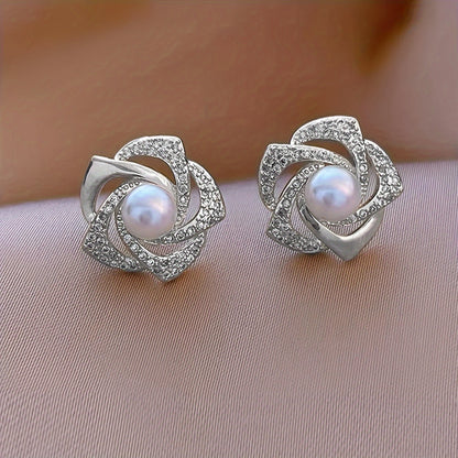SILVER Hollow Flower Design Stud Earrings