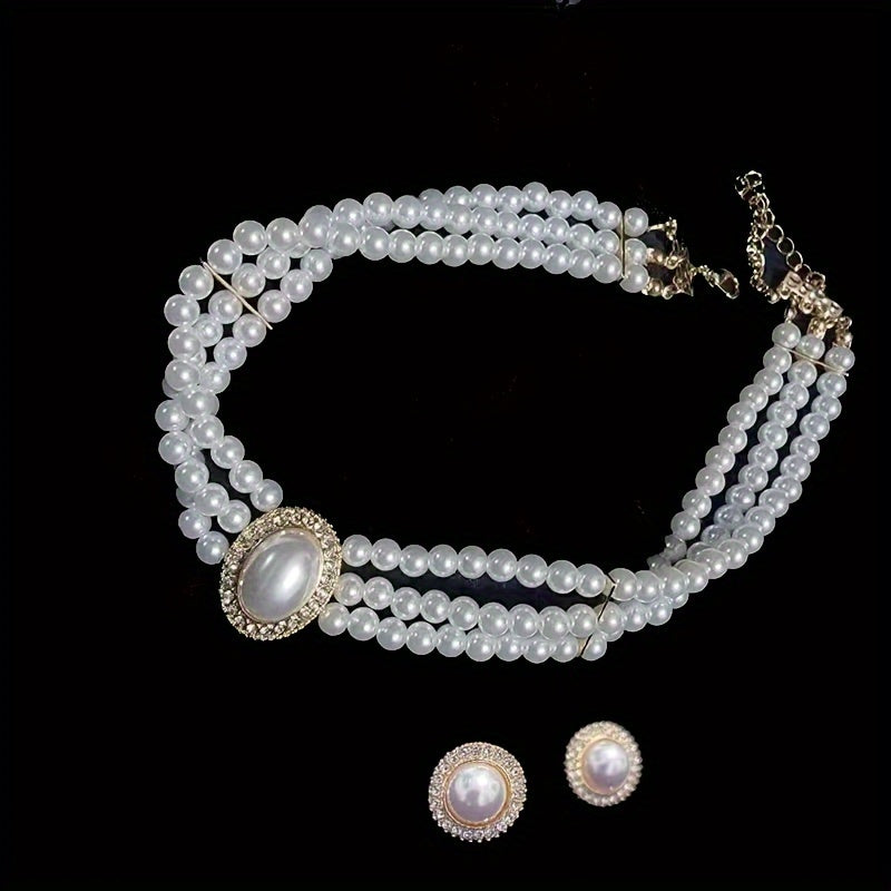 3 String Faux Pearl Necklace And Earring Set