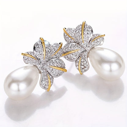 Floral Leaf Earrings with Oval Pearl