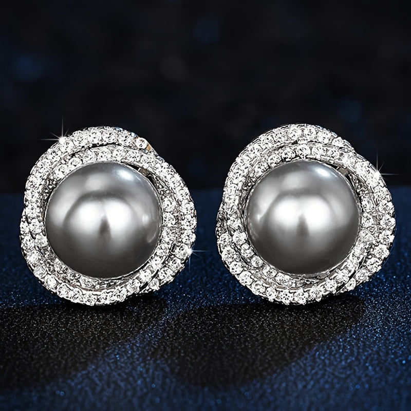 Grey Pearl Flower Design Stud Earrings