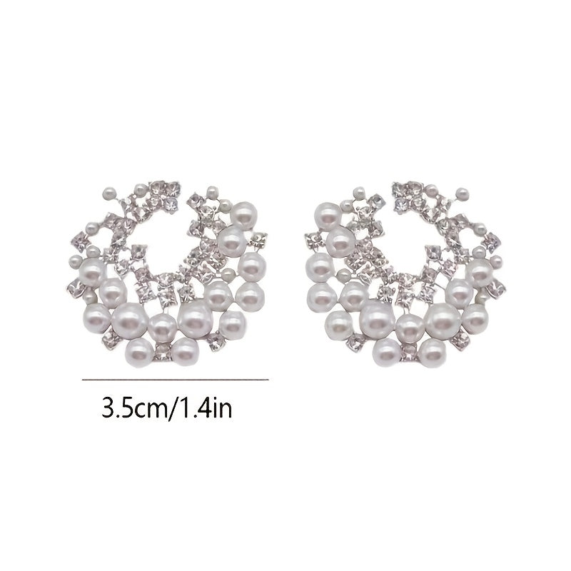 C-Shaped Hoop Earrings with Faux Imitation Pearl and Rhinestones