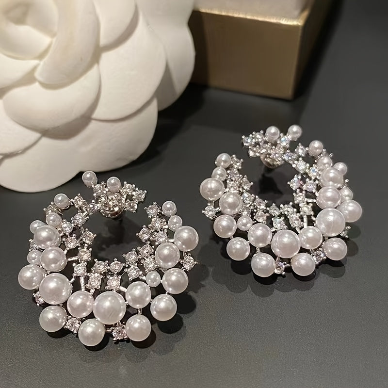 C-Shaped Hoop Earrings with Faux Imitation Pearl and Rhinestones