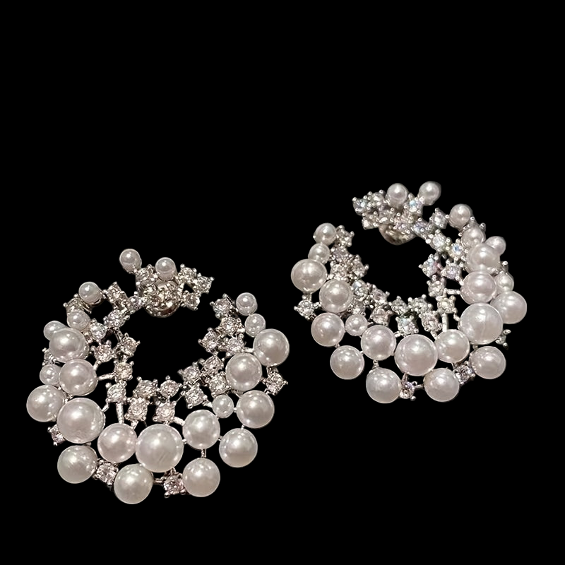 C-Shaped Hoop Earrings with Faux Imitation Pearl and Rhinestones