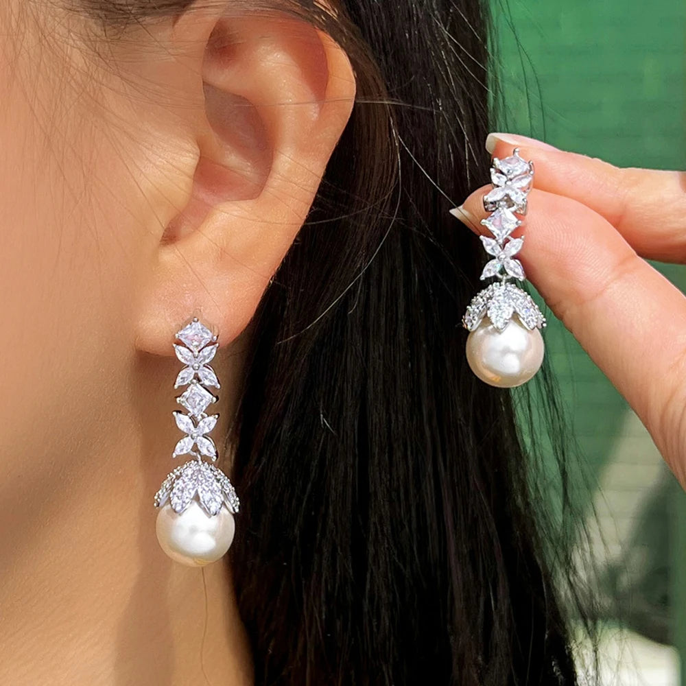 Flower Leaf Pearl Long Drop Earrings