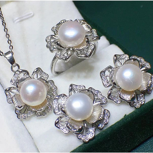 3D Flower Natural Pearl Pendant Set