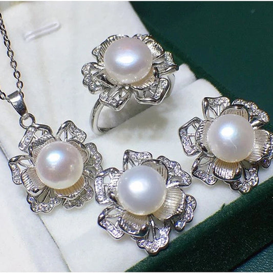 3D Flower Natural Pearl Pendant Set