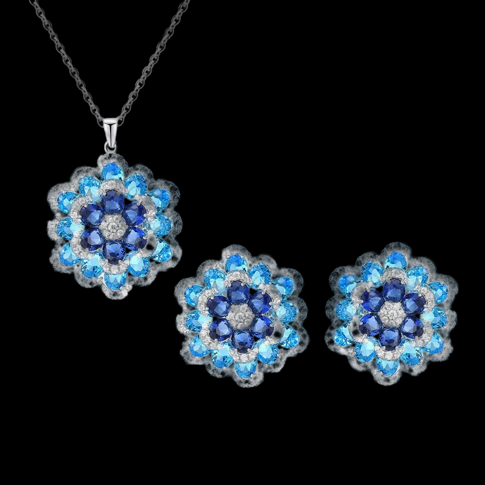 Blue Flower Shaped Earrings and Pendant Set