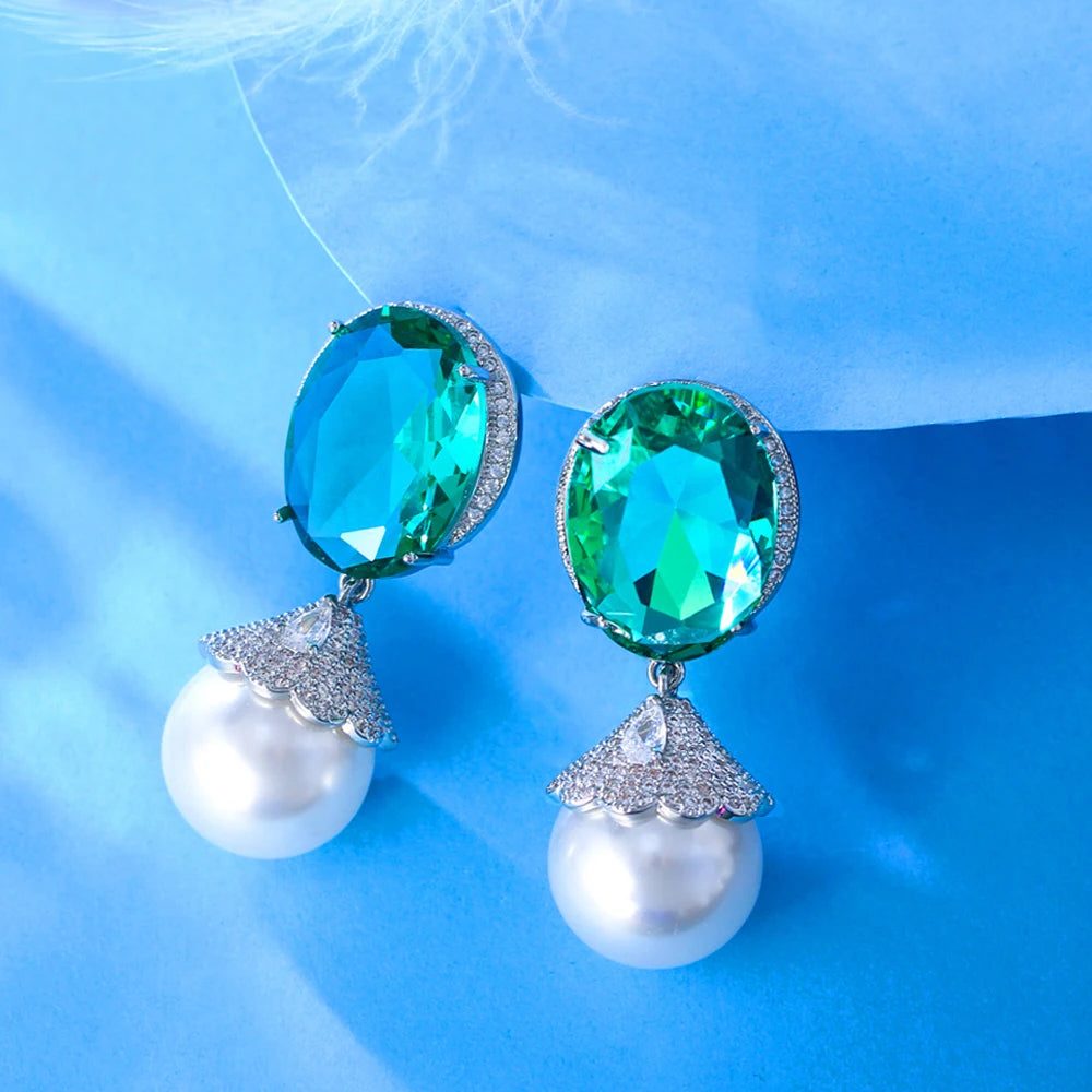 Green Crystal Imitation Pearl  Earrings