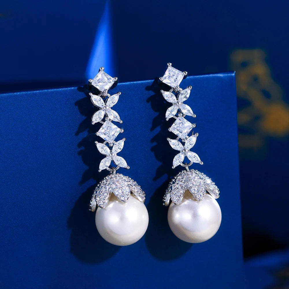 Flower Leaf Pearl Long Drop Earrings