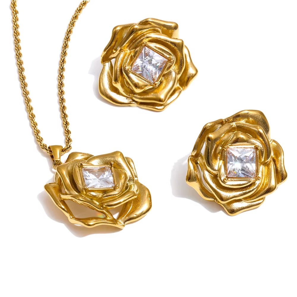 Gold Plated Rose Pendant Set