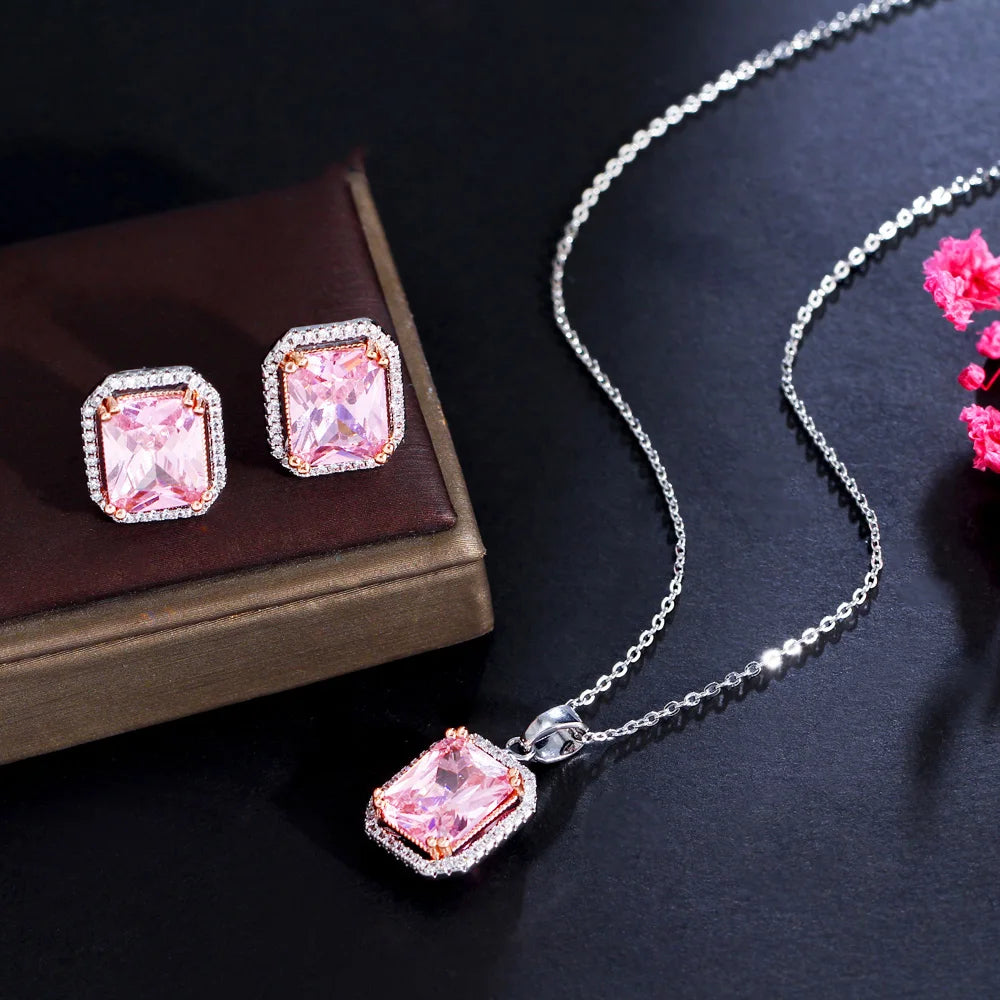Pink Color Rectangle Stone Pendant Set