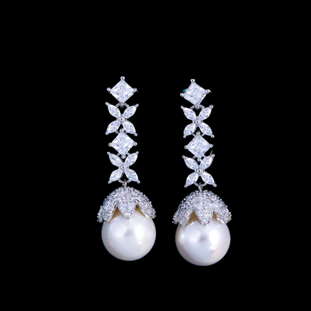 Flower Leaf Pearl Long Drop Earrings