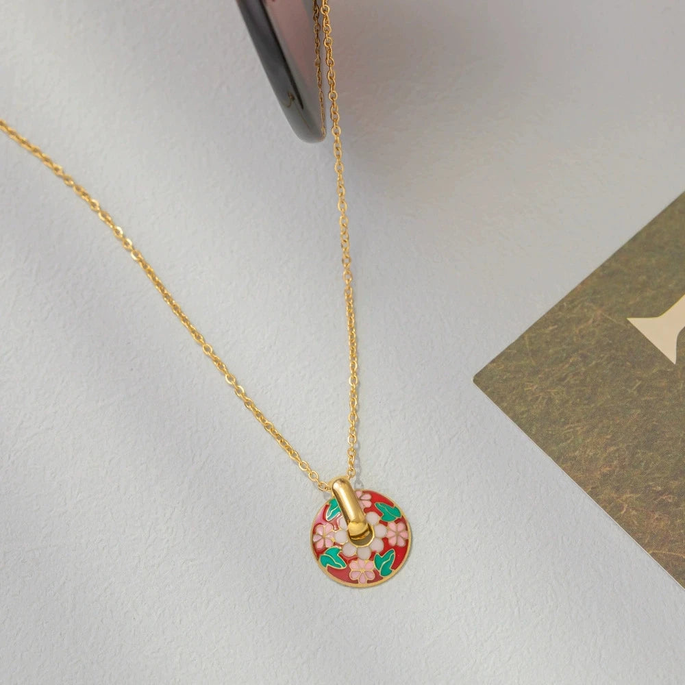 Handpainted 18K Floral Pendant Set