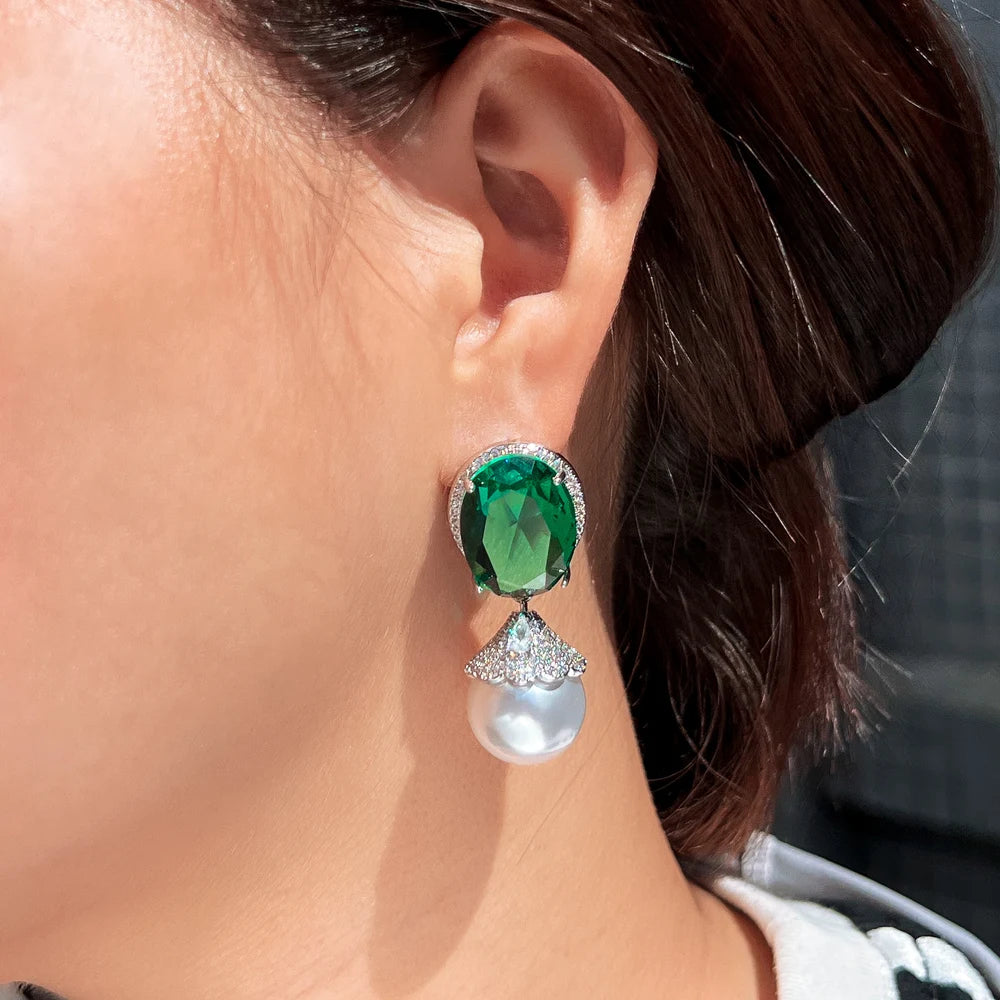 Green Crystal Imitation Pearl  Earrings