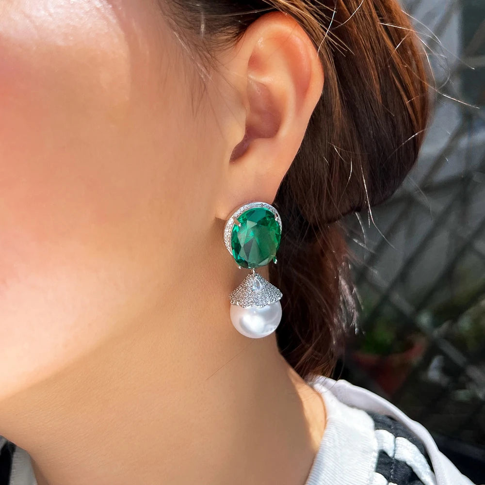 Green Crystal Imitation Pearl  Earrings