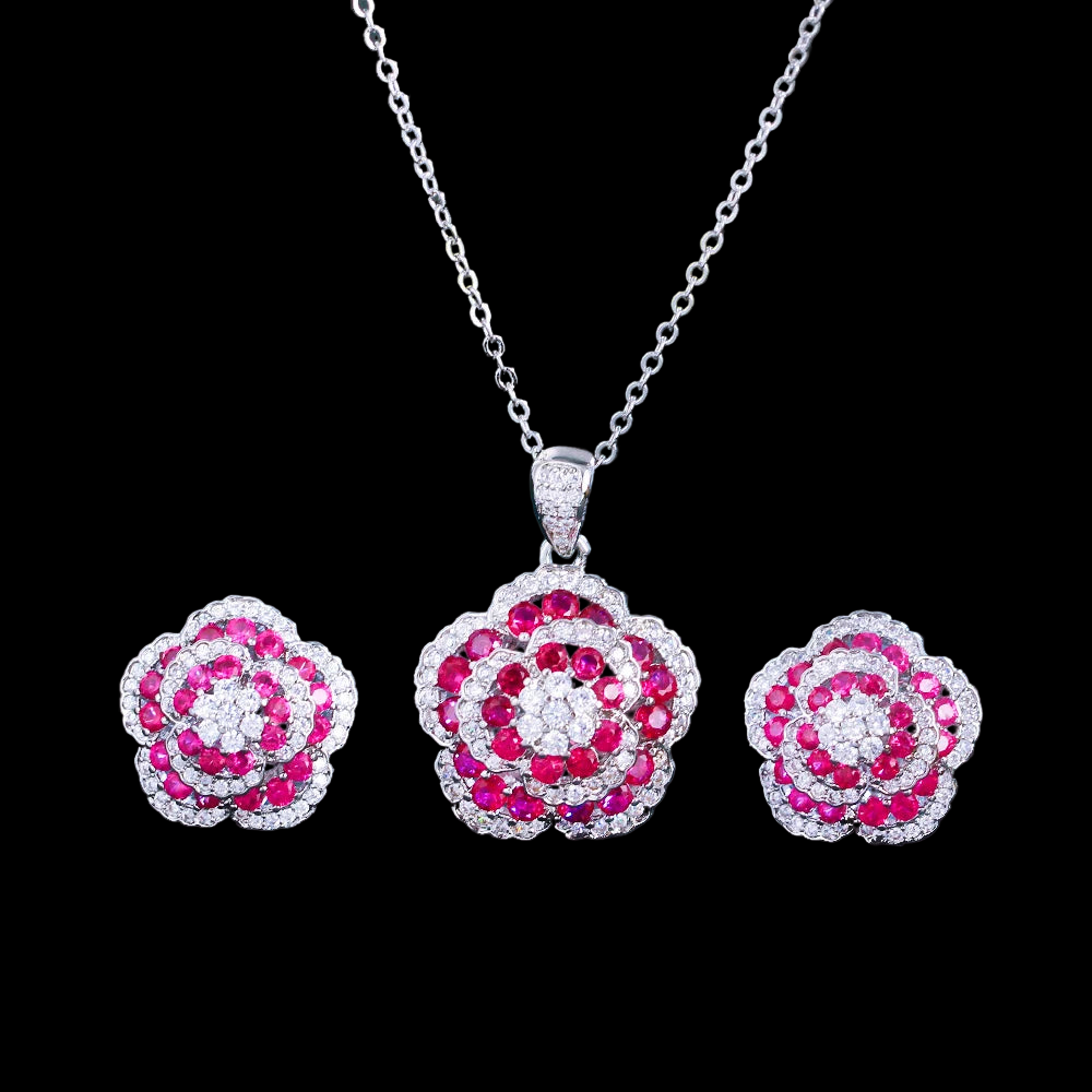 Elegant Pink Flower Pendant Set