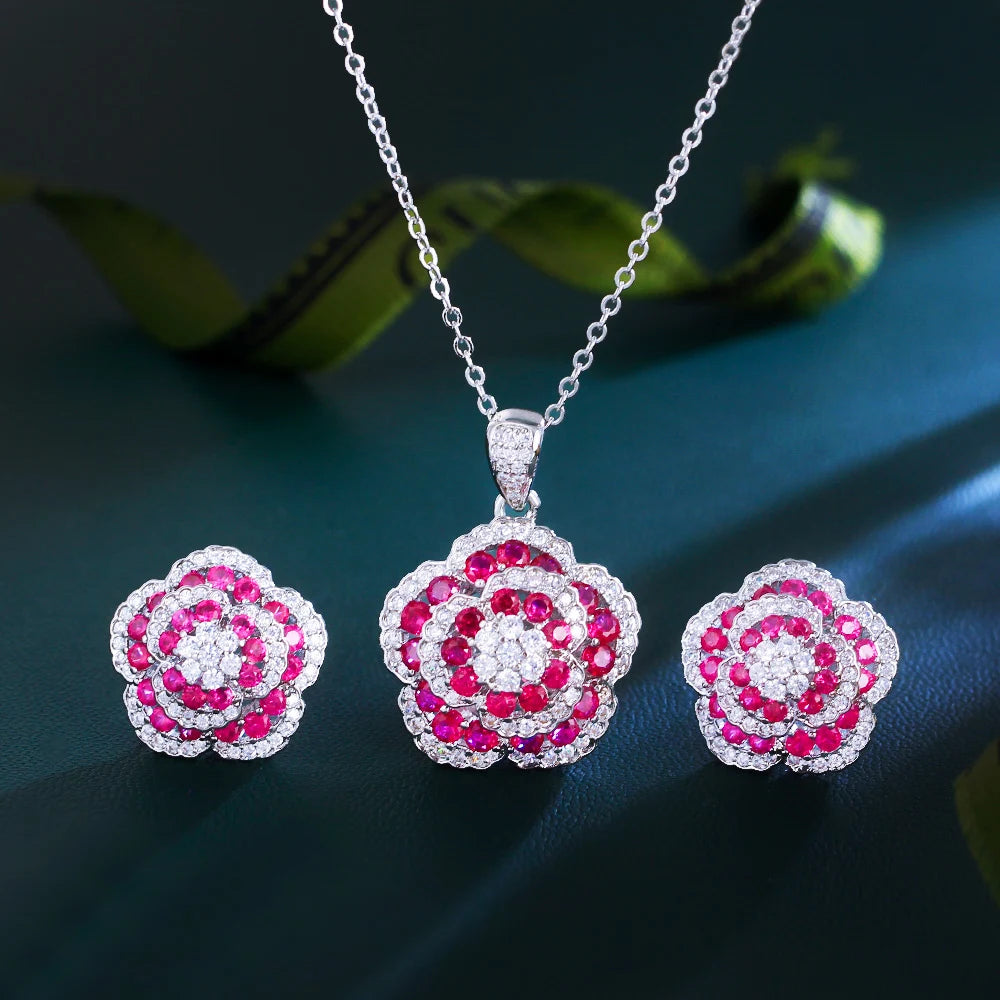Elegant Pink Flower Pendant Set