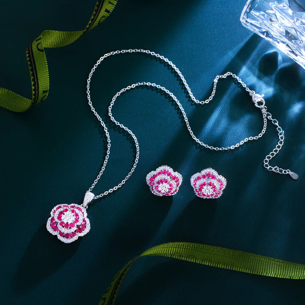 Elegant Pink Flower Pendant Set
