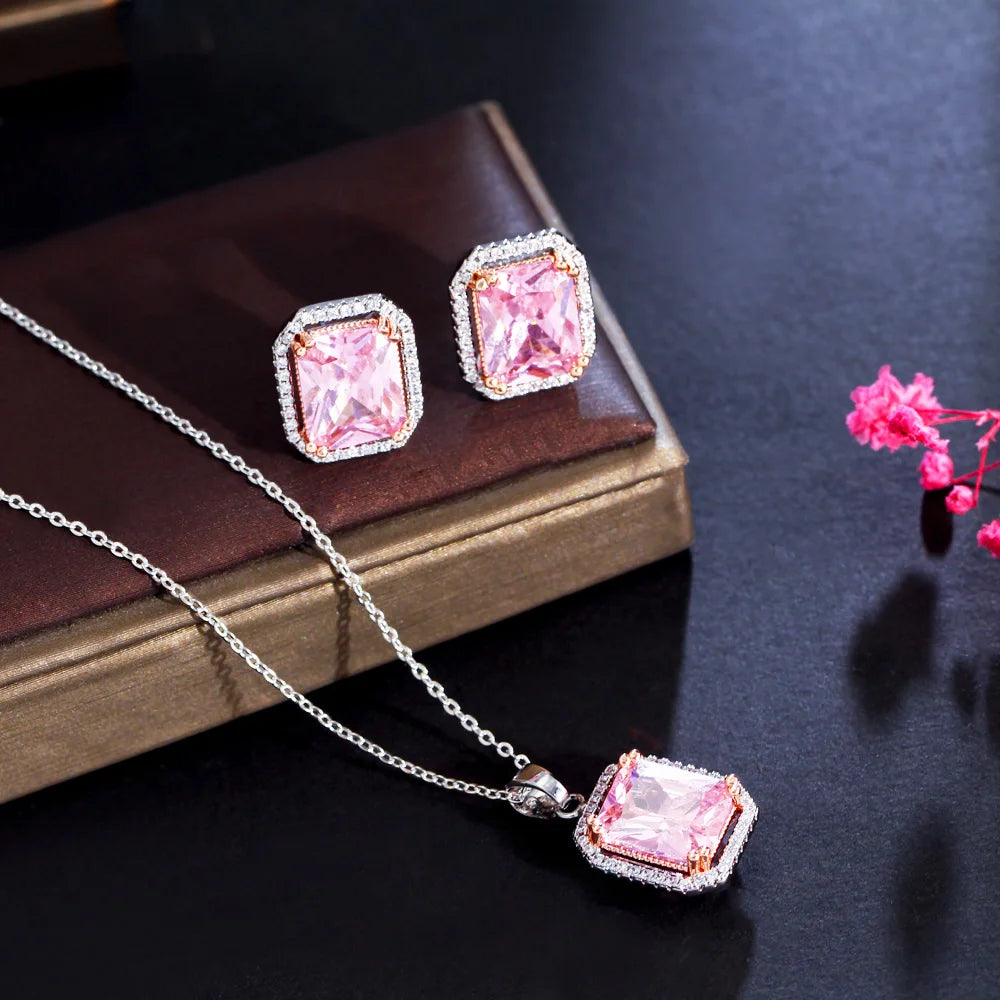 Pink Color Rectangle Stone Pendant Set