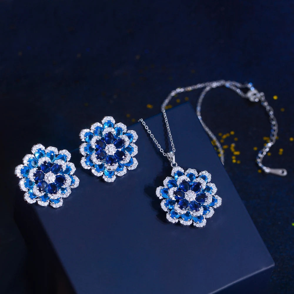 Blue Flower Shaped Earrings and Pendant Set