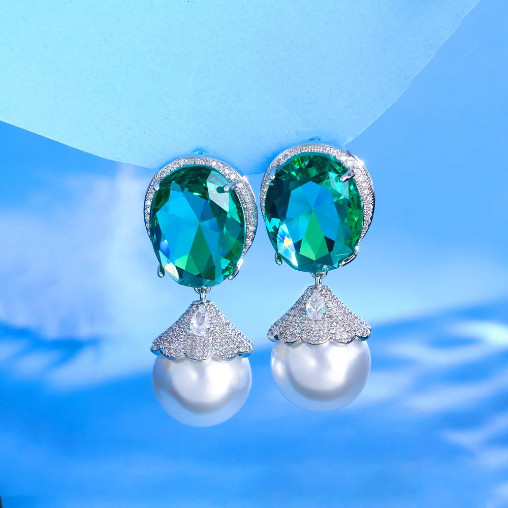 Green Crystal Imitation Pearl  Earrings