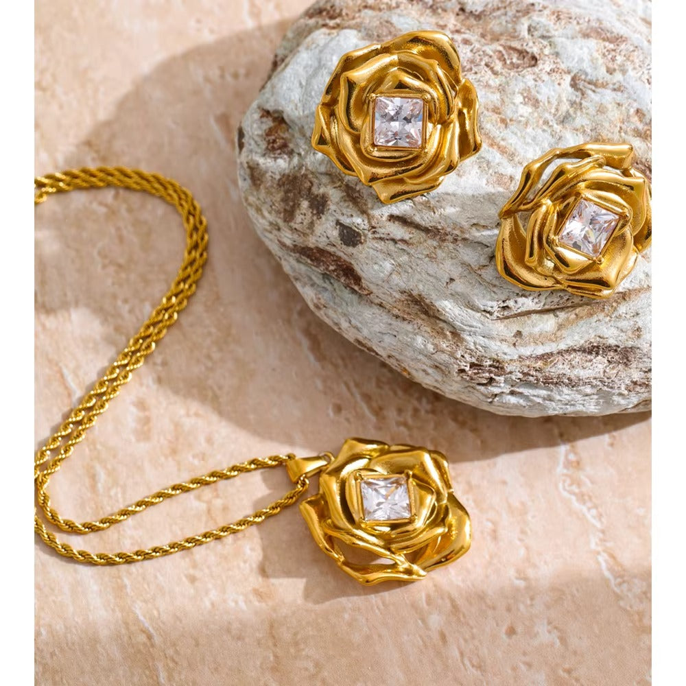 Gold Plated Rose Pendant Set