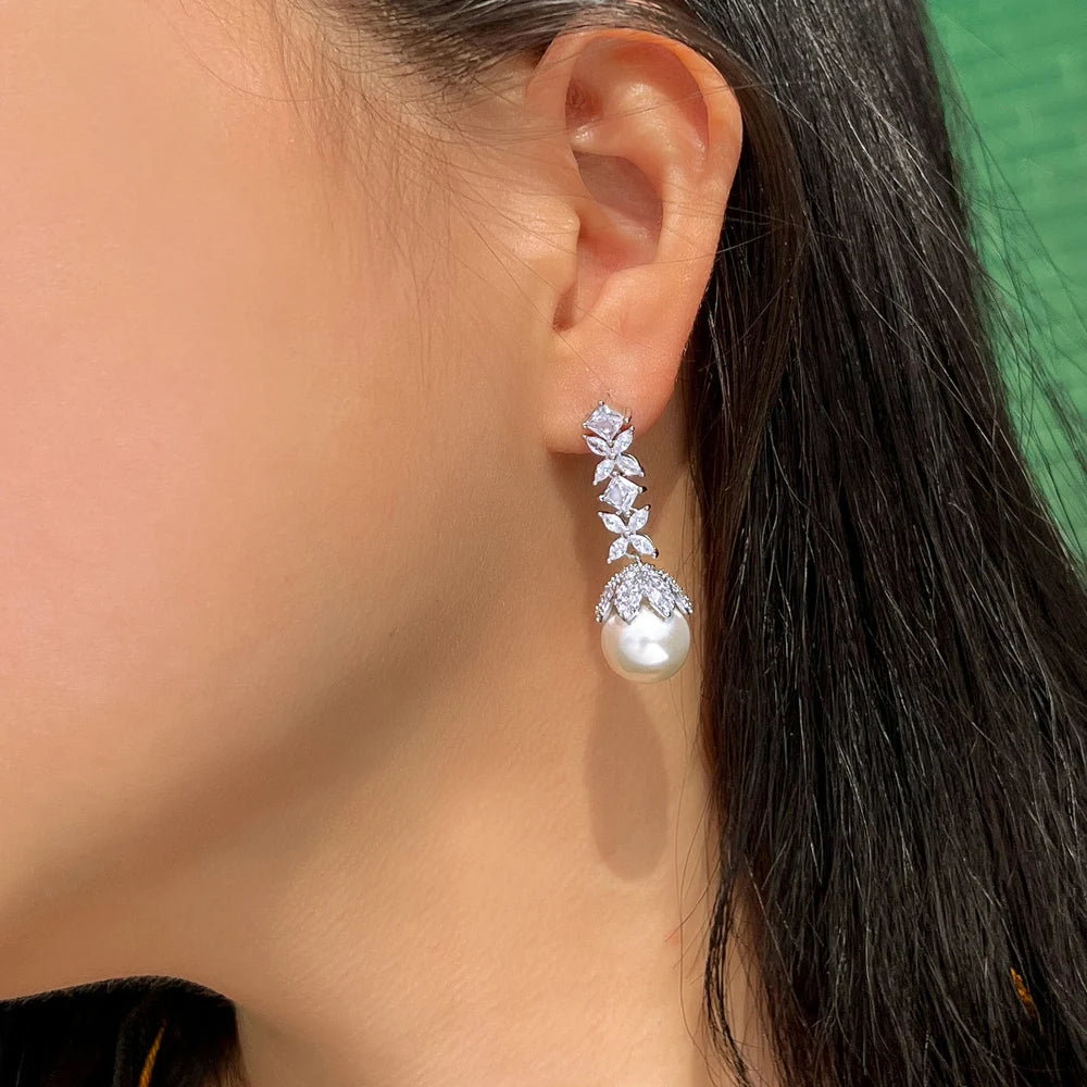 Flower Leaf Pearl Long Drop Earrings
