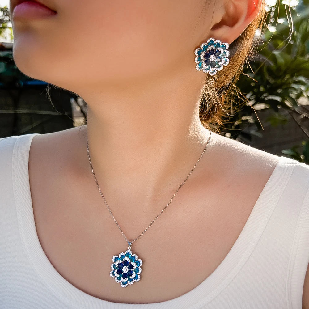 Blue Flower Shaped Earrings and Pendant Set
