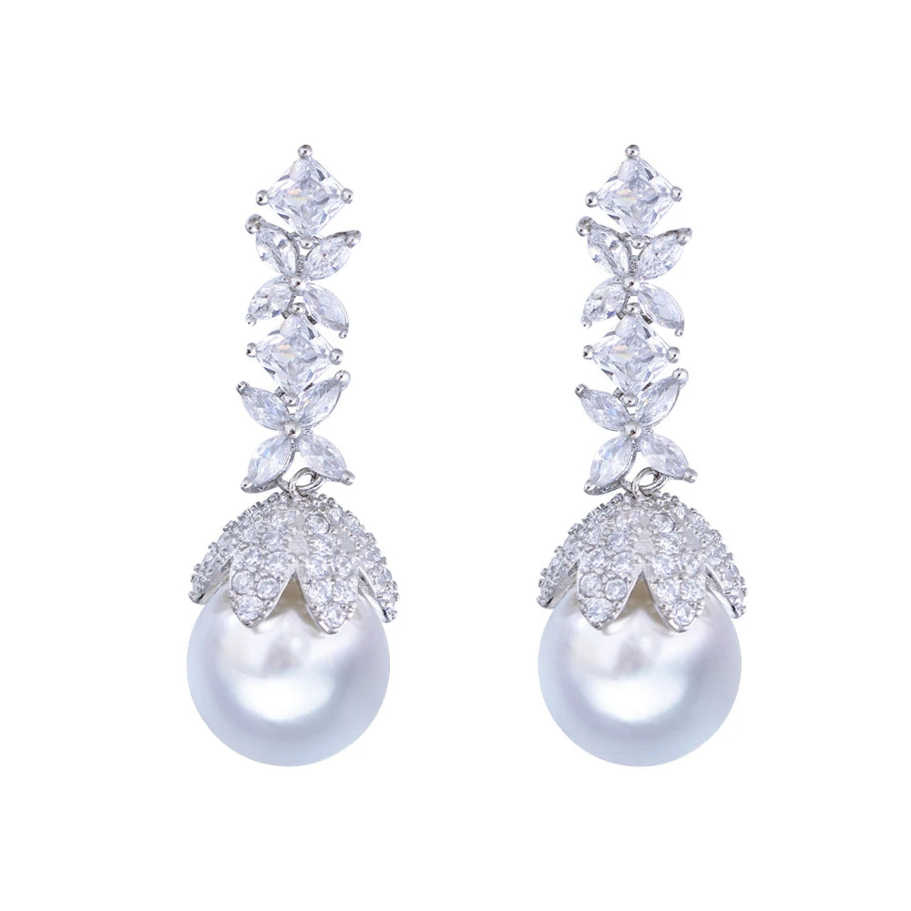 Flower Leaf Pearl Long Drop Earrings
