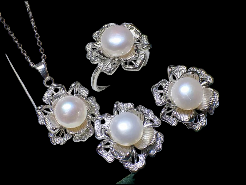 3D Flower Natural Pearl Pendant Set