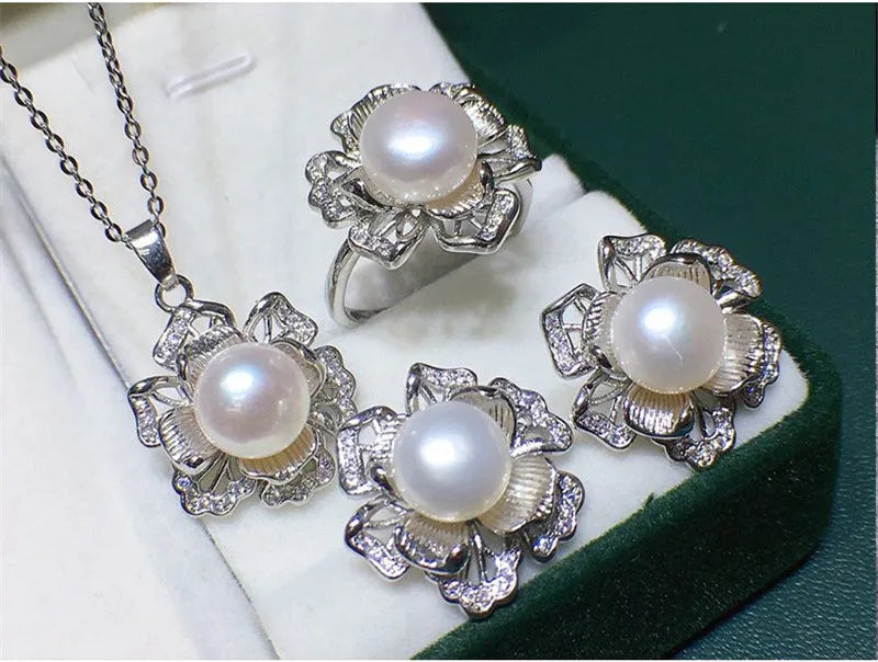3D Flower Natural Pearl Pendant Set