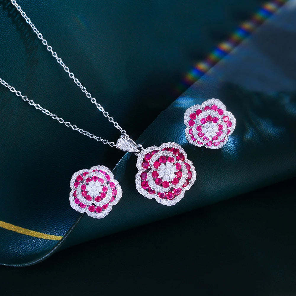 Elegant Pink Flower Pendant Set